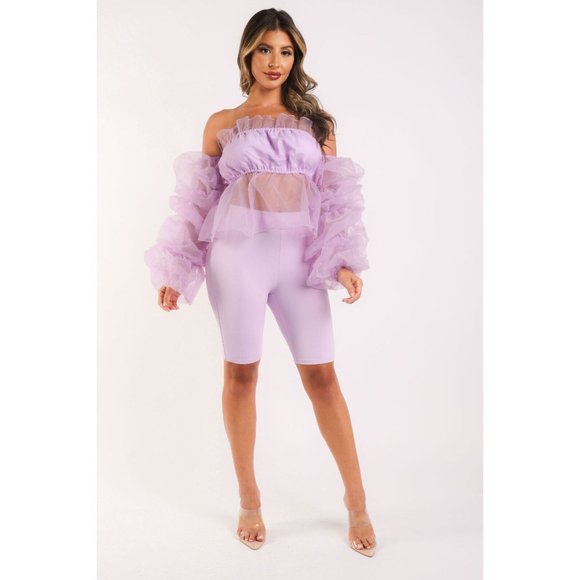 Women's Sexy Organza Sleeve Detailed Top and Matching Shorts 2 Piece Set holiday - Picture 2 of 12